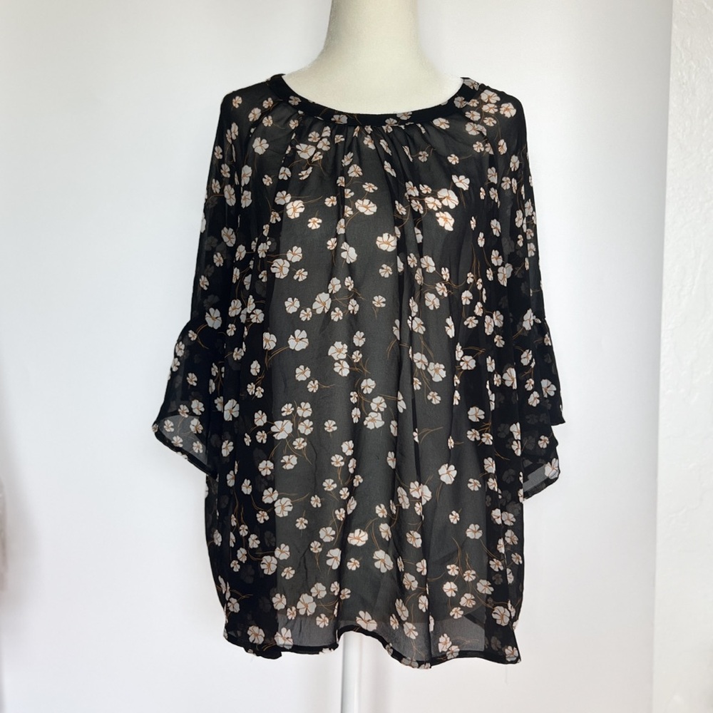 Floral Black Sheer Women's Blouse Top Layer ruffle sleeves